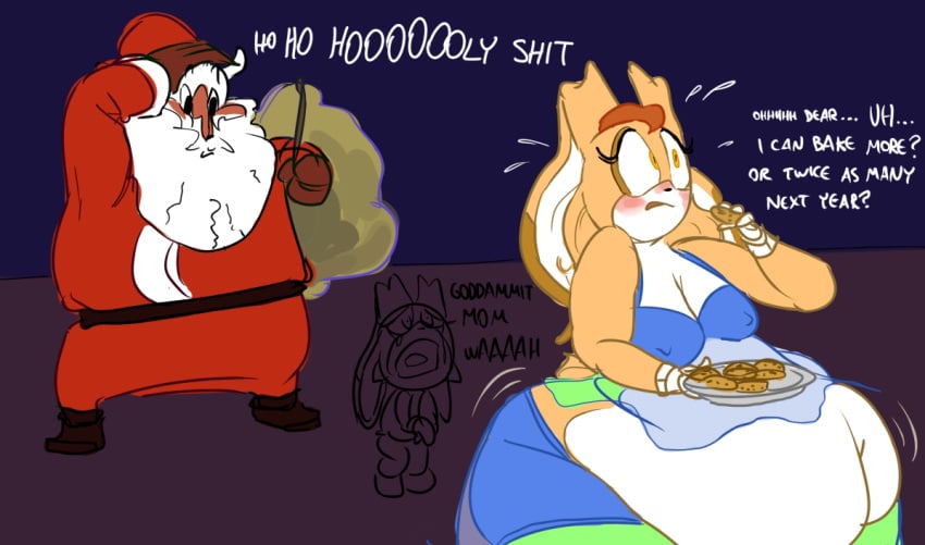 2girls 2girls1boy anthro ass belly breast brown_eyes brown_hair bunny chubby chubby_female cookie cookies cream_the_rabbit daughter english_text fat female female_focus furry hips human lagomorph lagomorph_humanoid large_ass large_breasts male milf mother mother nightgown nipple_bulge rabbit santa_claus sega sonic_(series) sonic_the_hedgehog_(series) stomach text thick_thighs thighs ultrahand vanilla_the_rabbit white_hair wide_hips