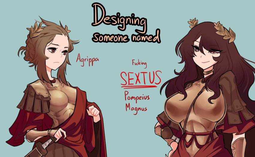 2girls armor big_breasts breasts celebrity centurii-chan female female_only genderswap_(mtf) historical marcus_vipsanius_agrippa real_person roman rome rule_63 sextus_pompeius_magnus_pius