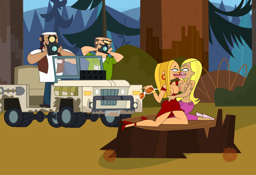 2girls blaineley_(tdi) blonde_hair camera dakota_(tdi) exposed_breasts female french_kiss french_kissing kissing looking_at_another male paparazzi pennsatucky smile tongue tongue_kiss total_drama:_revenge_of_the_island total_drama_island voyeur yuri