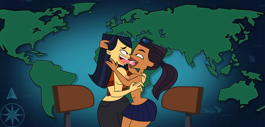 accurate_art_style black_hair emma_(tdi) exposed_breasts french_kiss french_kissing jen_(tdi) kissing pennsatucky saliva skirt smile tan_skin the_ridonculous_race tongue_kiss total_drama_island yuri