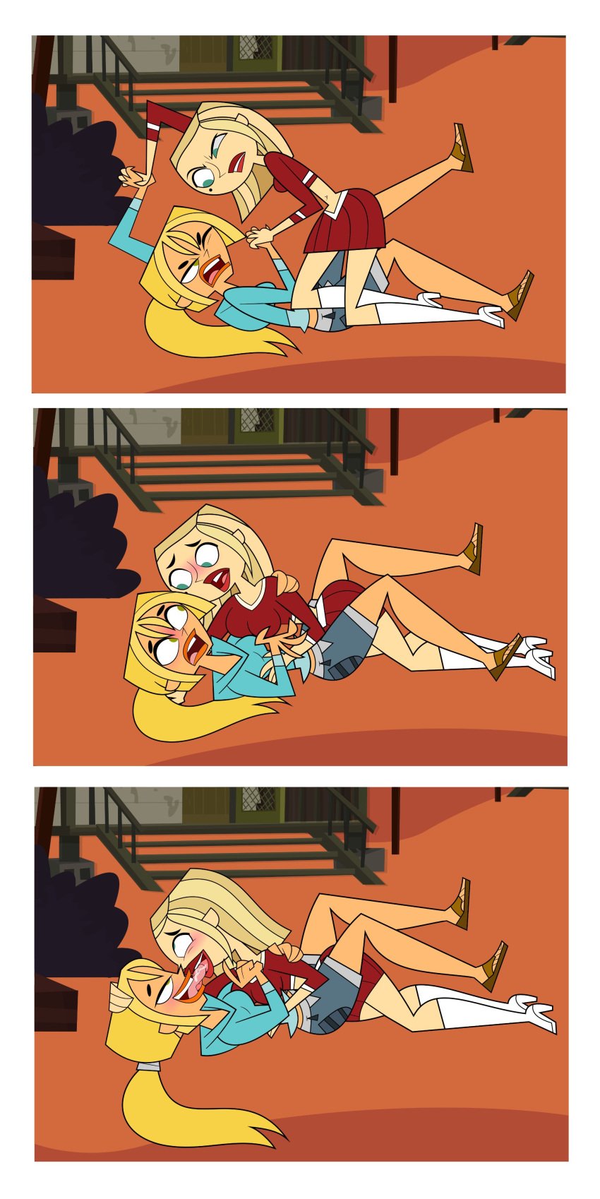 2girls amy_(tdi) blonde_hair bridgette_(tdi) catfight comic comic_page female_only fight french_kiss french_kissing kissing multiple_girls pennsatucky saliva smile spontaneous tongue tongue_kiss total_drama:_pahkitew_island total_drama_island yuri