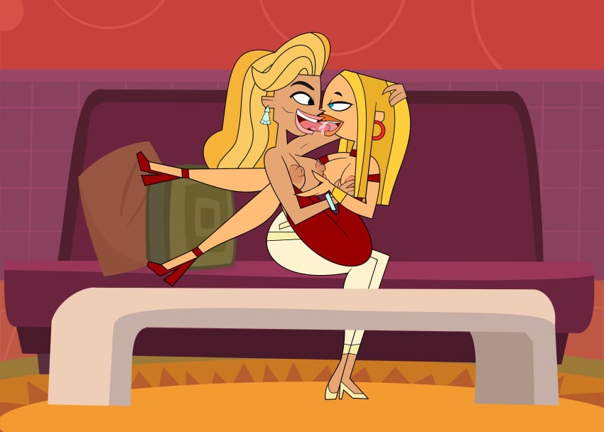 accurate_art_style blaineley_(tdi) blonde_hair couch exposed_breasts french_kiss french_kissing kelly_(tdi) kissing milf pennsatucky saliva smile the_ridonculous_race tongue_kiss total_drama:_world_tour total_drama_island yuri