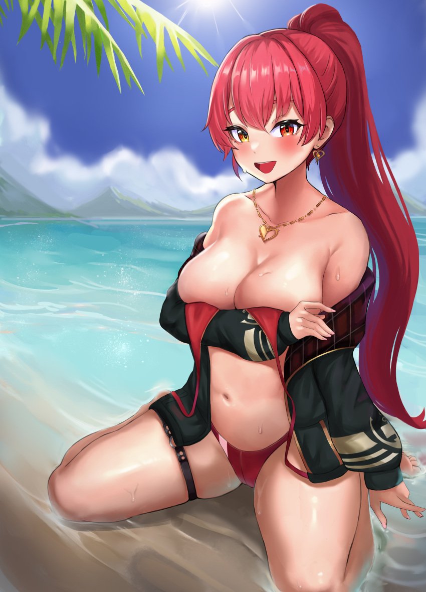 :d absurdres beach bikini blue_sky breasts cloud covering covering_breasts day dnumde female heart heart_necklace heterochromia highres hololive hololive_fantasy hololive_japan houshou_marine jewelry kneeling large_breasts navel necklace open_mouth outdoors ponytail red_eyes red_hair skindentation sky smile solo stomach sunlight swimsuit thigh_strap thighs untied untied_bikini virtual_youtuber water wet yellow_eyes