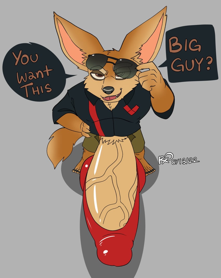 absurd_res anthro big_penis bottomwear bulge canid canine clothed clothing disney eyewear eyewear_on_head fennec finnick fox furry genitals glasses hi_res huge_cock looking_at_viewer male mammal open_bottomwear open_clothing open_pants pants penis rxq sunglasses sunglasses_on_head underwear zootopia