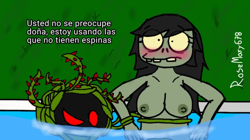 1boy 1girls ambiguous_gender big_breasts black_hair blush breasts dendrophilia duo female green_body green_skin hair humanoid invalid_tag male male/female penetration plant plants_vs_zombies popcap_games pvz spanish_text surprised_expression tangle_kelp_(pvz) taur tentacle tentacle_penetration text translated undead zombie zombie_(pvz)