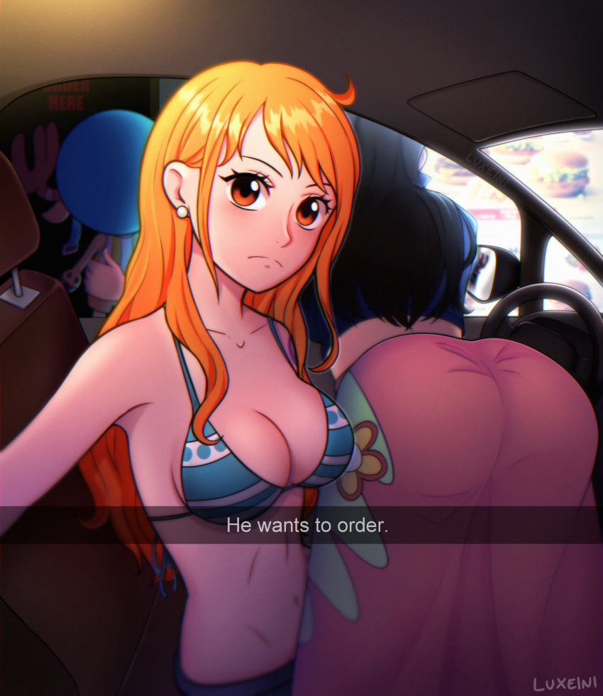 1boy 2022 2girls ass ass_focus ass_up big_ass bikini bikini_top breasts bubble_ass bubble_butt clothing dat_ass dress earrings female food he_wants_to_order huge_ass large_ass lux_(artist) male meme nami nico_robin one_piece orange_eyes orange_hair post-timeskip post_timeskip sarong selfie shounen_jump snapchat striped_bikini text tight_clothing tony_tony_chopper