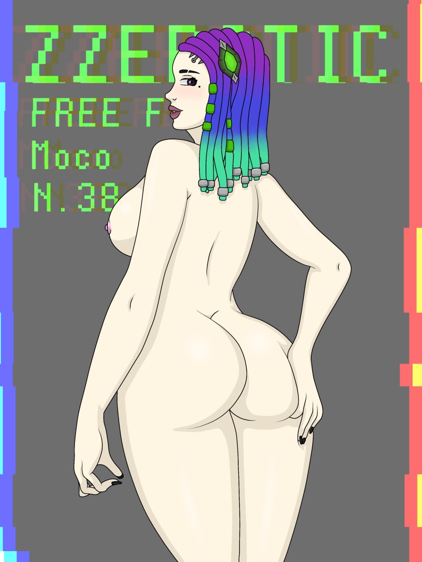 1girls 2022 areolae artist_name ass ass_grab big_ass big_breasts blue_hair braid breast_grab breasts clothing completely_nude dat_ass female female_only free_fire garena green_hair hand_on_ass huge_breasts legs light looking_at_viewer looking_back moco_(free_fire) multicolored_hair naked nipples nude nude_female pink_nipples presenting presenting_ass purple_eyes purple_hair purple_lipstick solo solo_female voluptuous white_skin zzerotic