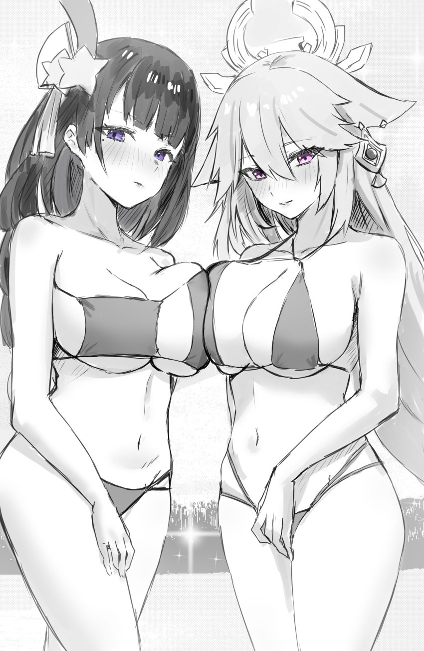 2girls absurdres alternate_costume animal_ears asymmetrical_docking bare_arms bare_shoulders bikini blush braid braided_ponytail breast_press breasts closed_mouth cowboy_shot earrings eyepatch_bikini female female_only floppy_ears fox_ears genshin_impact hair_ornament halterneck highres horn/wood jewelry large_breasts long_hair looking_at_viewer mole mole_under_eye monochrome multiple_girls navel pink_eyes purple_eyes raiden_shogun raw_egg_lent single_braid stomach swimsuit yae_miko