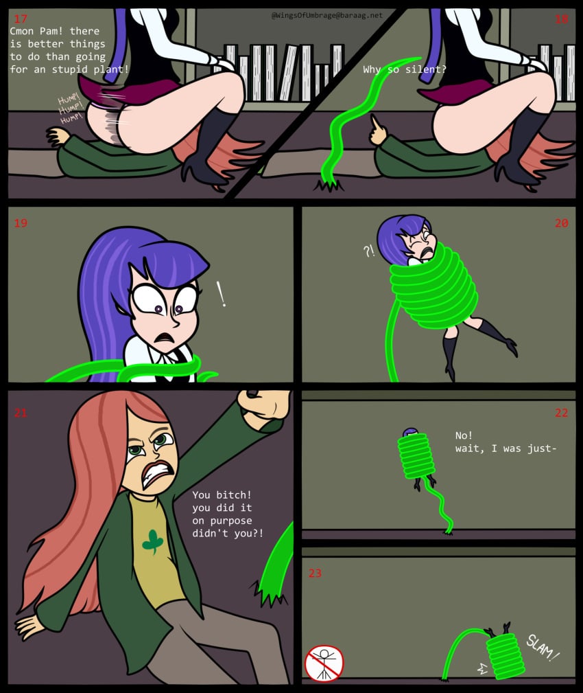 2girls ass ass_in_face comic dc dc_comics dc_super_hero_girls dialogue facesitting female female_only grinding multiple_girls p1g30n_g1rl pamela_isley pamela_isley_(shg) purple_hair red_hair vines wrapped yuri zee_zatara