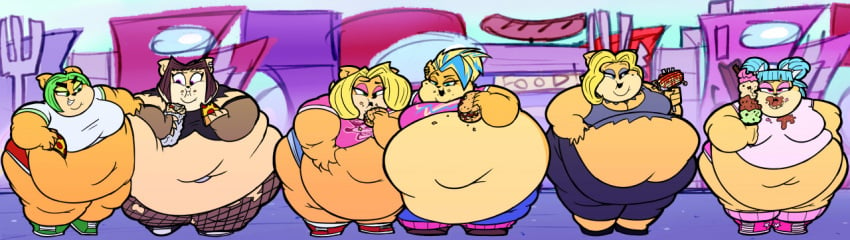 activision ami_bandicoot anthro belly blonde_hair blue_hair burger crash_(series) crash_team_racing_(series) crosporcus dessert eating female female/female fishnet food group ice_cream isabella_bandicoot liz_bandicoot megumi_bandicoot obese overweight pirate_tawna tawna_bandicoot tawna_bandicoot_(crash_4) two_tone_hair video_games weight_gain