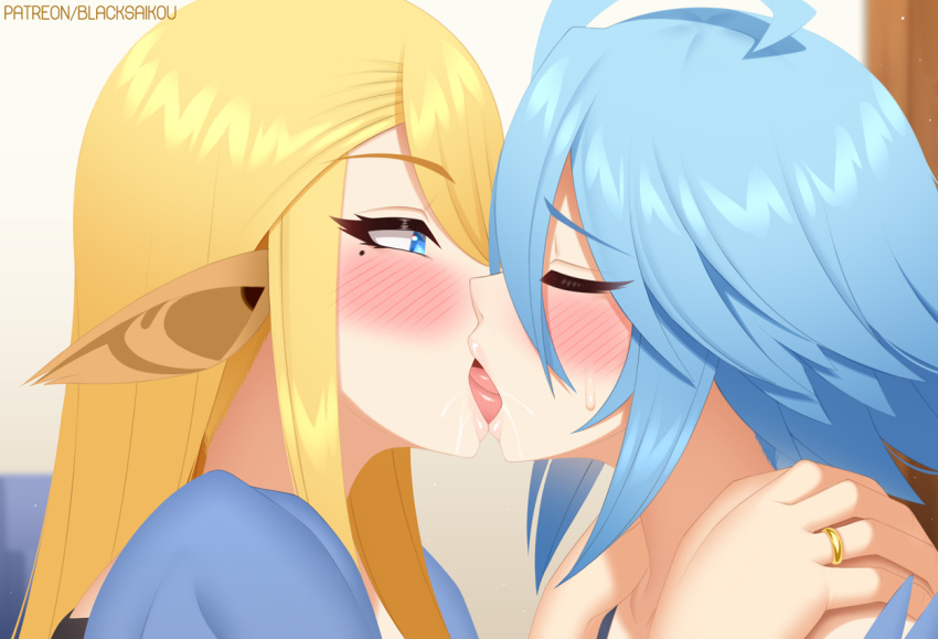 2girls 5_fingers ahoge animal_ears artist_name blacksaikou blonde_hair blue_eyes blue_hair blush centaur centauress centorea's_mother closed_eyes clothes duo duo_focus eyes_closed eyes_open female female/female female_only french_kiss hair harpy indoors interspecies interspecies_kissing interspecies_yuri kissing lesbian light-skinned_female light_skin long_hair monster_girl monster_musume_no_iru_nichijou older_female open_eyes papi_(monster_musume) patreon_username ring saliva short_hair sweat taur tongue tongue_kiss watermark younger_female yuri