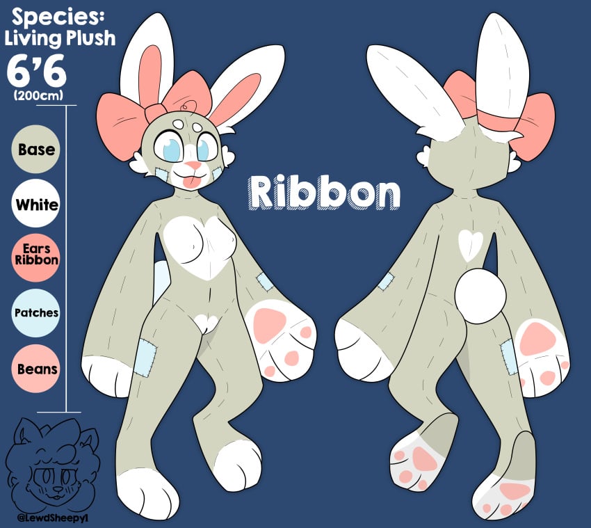 2021 absurd_res animate_inanimate anthro blue_eyes bow_accessory bow_ribbon breasts character_name color_swatch digital_drawing_(artwork) digital_media_(artwork) ear_accessory ear_bow english_text female genitals heart_(marking) hi_res lagomorph leporid living_plushie mammal model_sheet nipples nude patch_(fabric) pink_bow pink_inner_ear pink_tongue plushie pussy rabbit ribbon_(sleepysheepy17) sleepysheepy17 solo tan_body text tongue tongue_out white_body