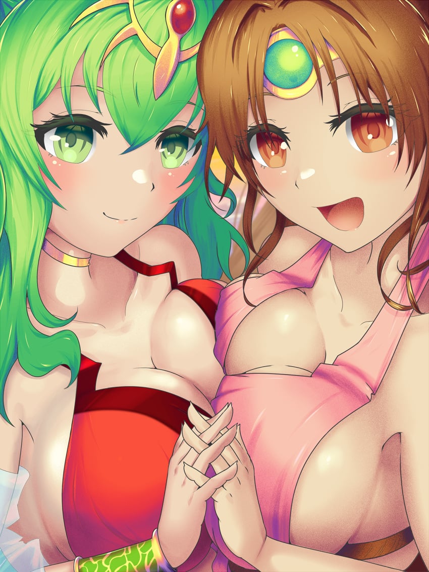 2girls alternate_costume bikini blush breast_press breasts brown_eyes brown_hair circlet cleavage crossed_bangs curtained_hair female female_only fire_emblem fire_emblem:_mystery_of_the_emblem fire_emblem:_new_mystery_of_the_emblem fire_emblem:_shadow_dragon_and_the_blade_of_light fire_emblem_awakening fire_emblem_heroes gem gold_choker green_eyes green_gemstone green_hair highres holding_hands keldancon large_breasts linde_(fire_emblem) linde_(summer)_(fire_emblem) long_hair medium_hair multiple_girls nintendo official_alternate_costume open_mouth pink_bikini pink_swimsuit red_bikini red_gemstone red_swimsuit smile swimsuit symmetrical_docking tiara tiki_(adult)_(fire_emblem) tiki_(adult)_(summer)_(fire_emblem) tiki_(fire_emblem) upper_body