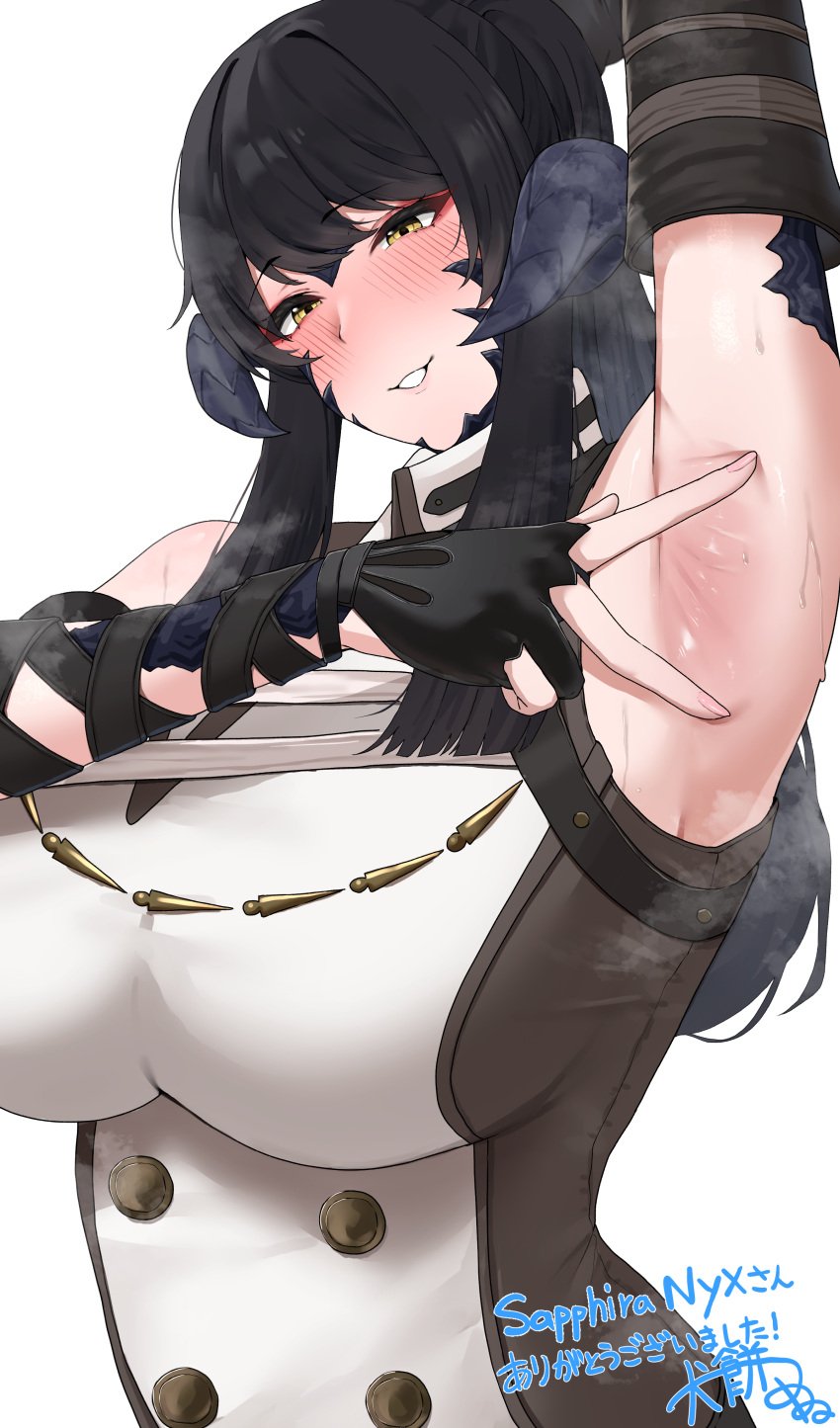 1girls arm_up armpits arms_up au_ra black_hair breath final_fantasy final_fantasy_xiv horns ml_ffc nunu_(pixiv69145027) ponytail sapphira_nyx scales solo sweat yellow_eyes