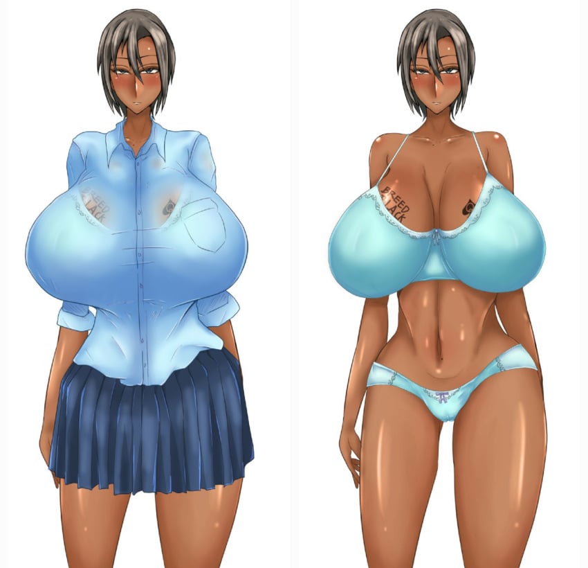 1girls before_and_after belly belly_button big_breasts blacked blush blushed bra bra_visible_through_clothes breasts breasts_bigger_than_head chest_tattoo clothed color dark-skinned_female dark_skin embarrassed female female_focus female_only gal grey_hair gyaru hi_res highres huge_breasts japanese large_breasts masuo_mori only_female original original_character panties qos qos_tattoo queen_of_spades queen_of_spades_symbol queen_of_spades_tattoo school_uniform schoolgirl short_hair slut snowbunny solo solo_female standing tan_body tan_skin tattoo tattoo_on_arm thighhighs tight_clothing tomboy undressing