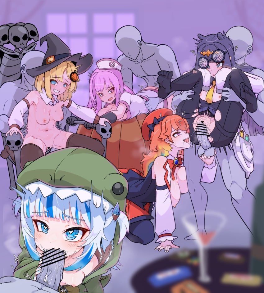 5girls bar_censor beret black_pantyhose blush breasts caressing_testicles censored chair coke-bottle_glasses dinosaur_costume faceless faceless_male fellatio folded gawr_gura glasses grabbing_from_behind gradient_hair hair_ornament halloween hat highres hololive hololive_english hololive_myth imminent_penetration large_breasts leg_grab legs_up long_hair moral_cacoethes mori_calliope multicolored_hair multiple_boys multiple_girls ninomae_ina'nis nipples nude open_mouth oral orange_hair pantyhose penis purple_eyes pussy reverse_suspended_congress saliva saliva_trail sex sex_from_behind skirt sleeves_past_wrists small_breasts spread_legs standing standing_sex straight takanashi_kiara test_tube testicles torn_clothes torn_pantyhose v_legs vaginal_penetration virtual_youtuber watson_amelia window