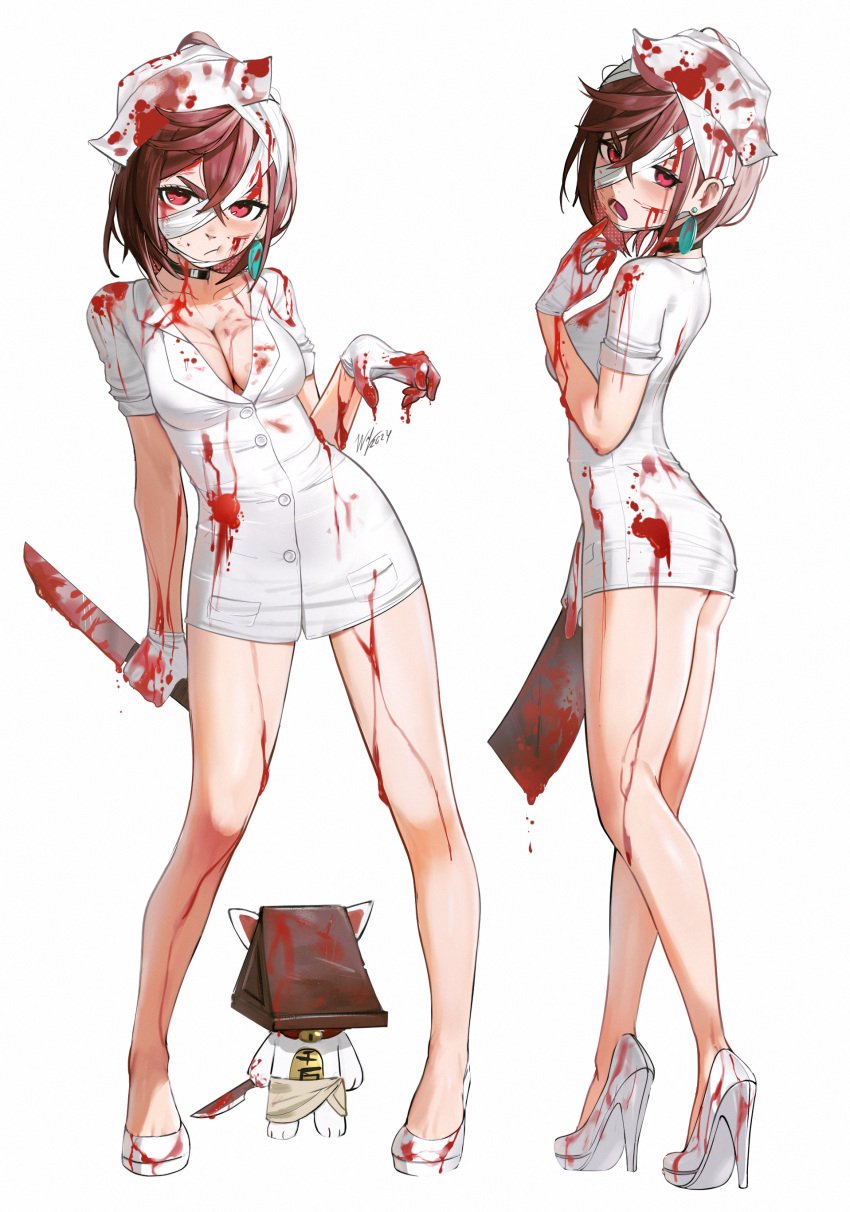 ayase_momo big_breasts blood breasts brown_hair cosplay dandadan female female_only gloves gyaru knife nurse nurse_(silent_hill)_(cosplay) nurse_clothing nurse_uniform petite petite_body pyramid_head_(cosplay) red_eyes silent_hill skinny smaller_female solo solo_female turbo_granny_(dandadan) waligner yandere