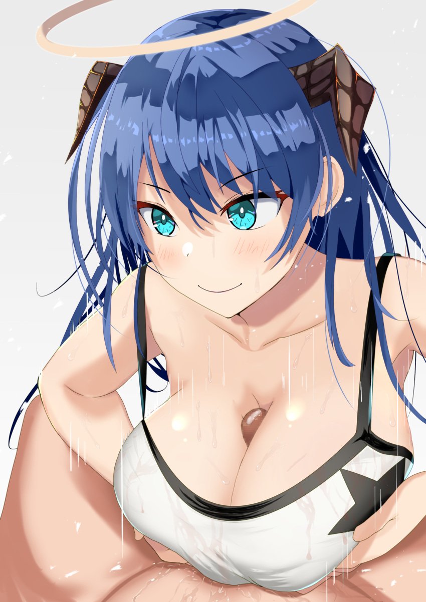 1boy 1girls arknights bad_id bad_pixiv_id big_breasts blue_eyes blue_hair blush bra breasts censored cleavage clothed_female_nude_male completely_nude completely_nude_male female female_focus halo hi_res horns large_breasts male male/female mosaic_censoring mostima_(arknights) nude nude_male orste paizuri precum smile solo_female solo_focus solo_male speed_lines sports_bra sweat textless