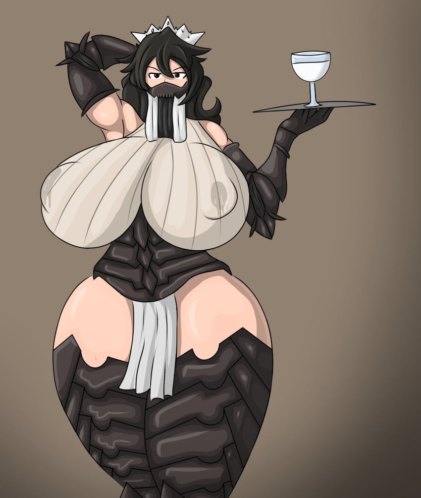 1girls armor armored_female black_hair executioner_maid_(centuriic) f_e_ female female_only hand_on_head holding_object large_breasts large_thighs maid maid_headdress mask masked_female milk original original_character solo stain standing