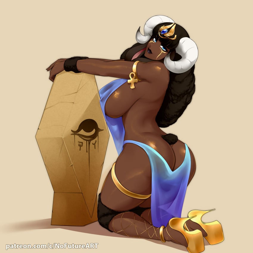 1girls ass ass_cleavage big_ass big_breasts black_hair black_lipstick blue_eyes curved_horns dark-skinned_female dark_skin egyptian female female_only floppy_ears forehead_jewel heels hi_res horns kneeling long_hair looking_at_viewer nofuture sheep_girl sheep_horns short_tail sideboob simple_background solo thick_ass thick_thighs