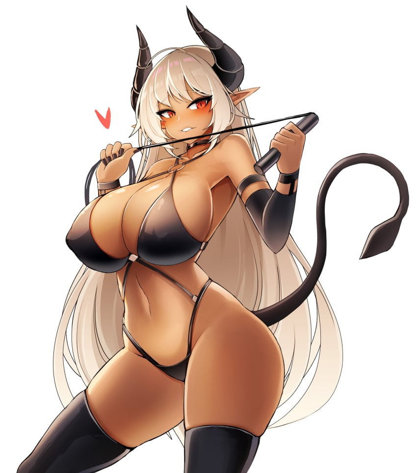 aroused aroused_face biting_lip blonde_hair breasts demon_girl demon_horns demon_tail dominatrix hearts_around_head huge_breasts pigat red_eyes revealing_outfit succubus tan_skin whip