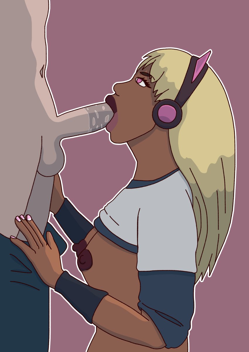 1boy black_girl blonde_hair blowjob dark-skinned_female dark_skin dyed_hair ebony female full_color headset interracial original_character pink_eyes spit spit_on_penis