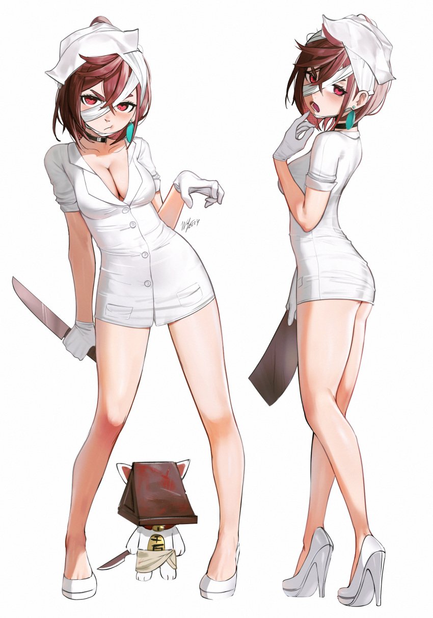 ayase_momo big_breasts breasts brown_hair choker dandadan female female_only gloves gyaru knife nurse nurse_(silent_hill)_(cosplay) nurse_clothing nurse_uniform petite petite_body pyramid_head_(cosplay) red_eyes silent_hill skinny smaller_female solo solo_female waligner yandere