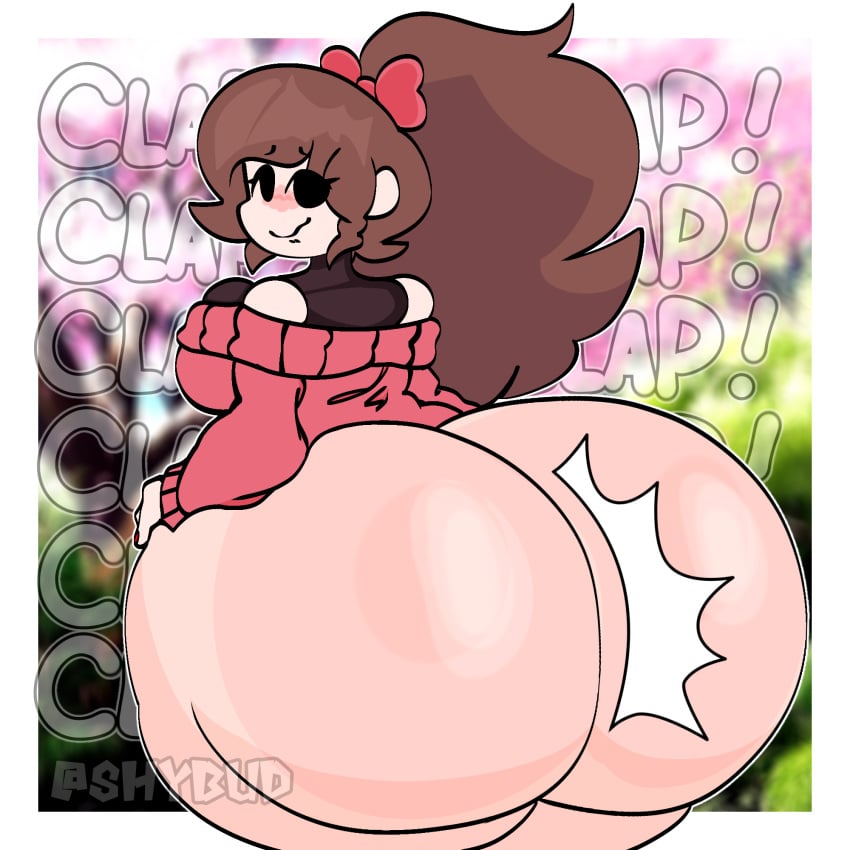 artist_name big_ass big_breasts big_butt blush brown_hair bubble_butt clapping_ass clapping_buttocks deviantart fnf fnf_mods friday_night_funkin friday_night_funkin_mod girlfriend_(friday_night_funkin) happy highres looking_at_viewer looking_back no_panties no_pants pantless shybud soft_gf sound_effects sweater twerking watermark white_skin