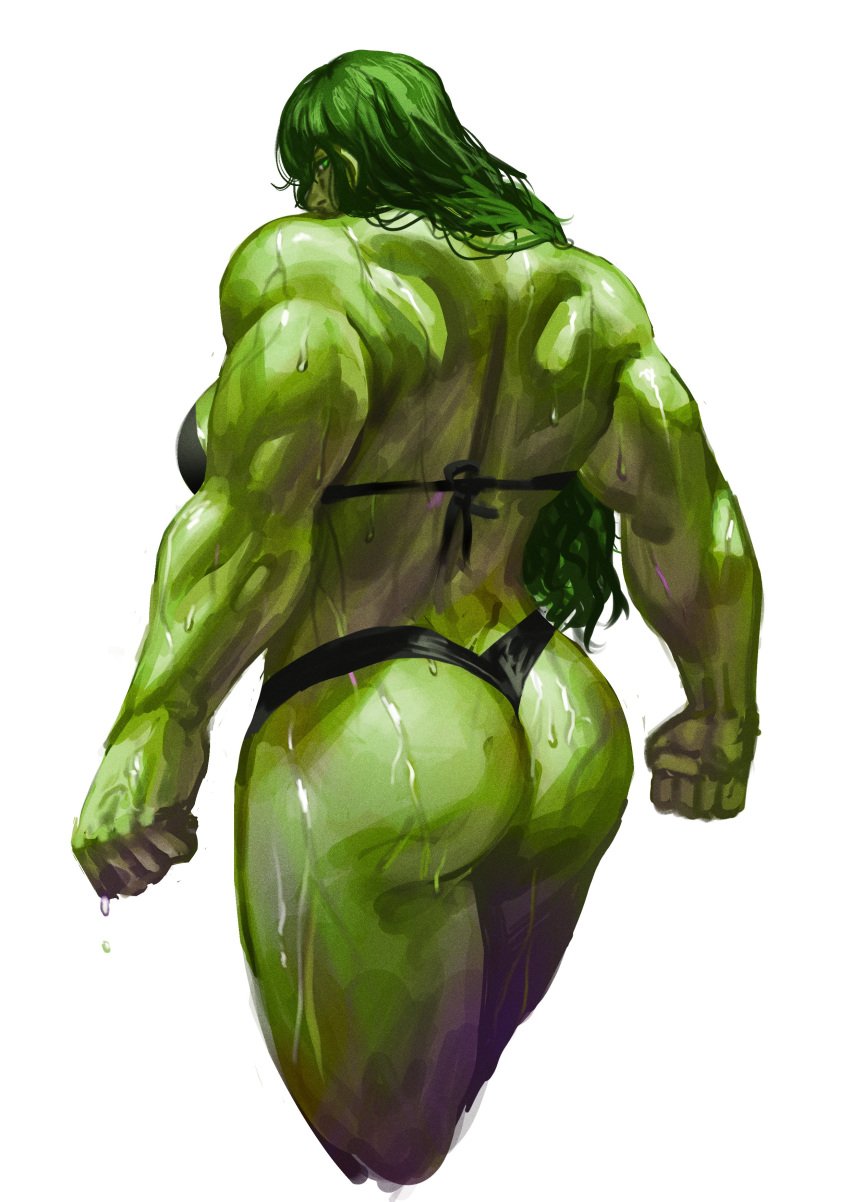 1girls athletic_female back_view big_ass black_bra black_panties black_thong bra butt dat_ass dress green_eyes green_hair green_skin jennifer_walters long_hair looking_at_viewer looking_back looking_over_shoulder marvel marvel_comics muscular_arms muscular_back muscular_female mutate_(marvel) painting_(artwork) she-hulk sideboob simple_background sweat sweatdrop sweaty tagme thong virgoart1509 white_background