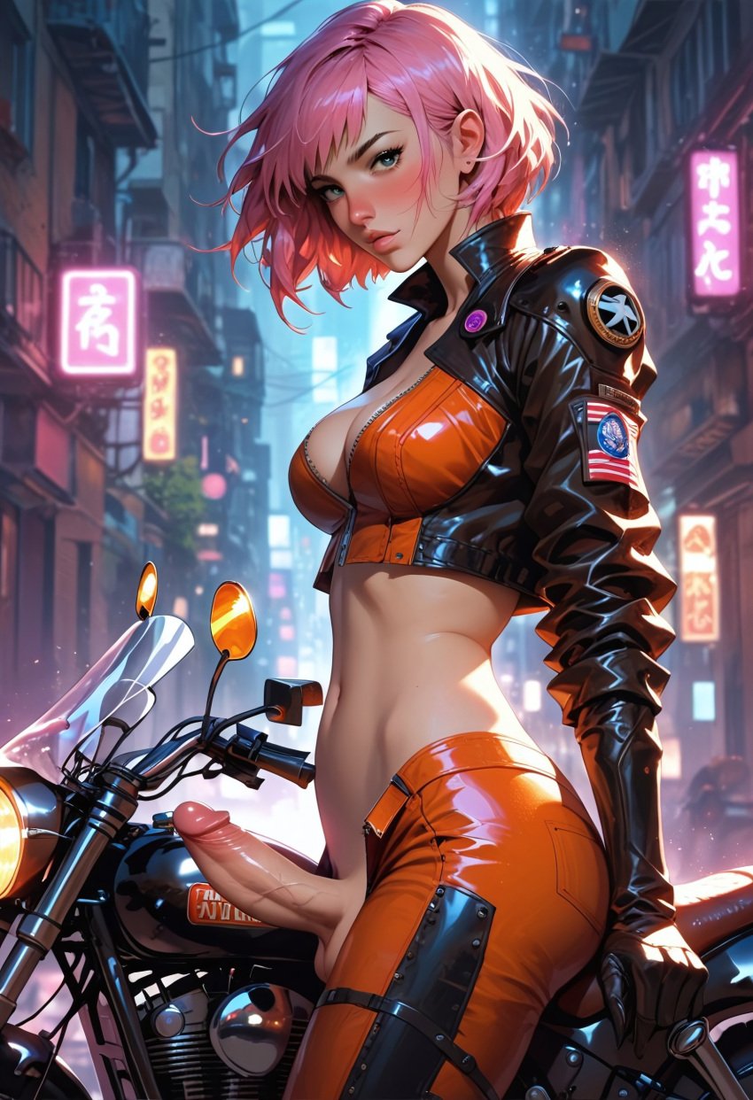 1futa ai_generated biker_clothes breasts dickgirl futanari motorcycle original penis revenge623 solo solo_focus solo_futa unzipped