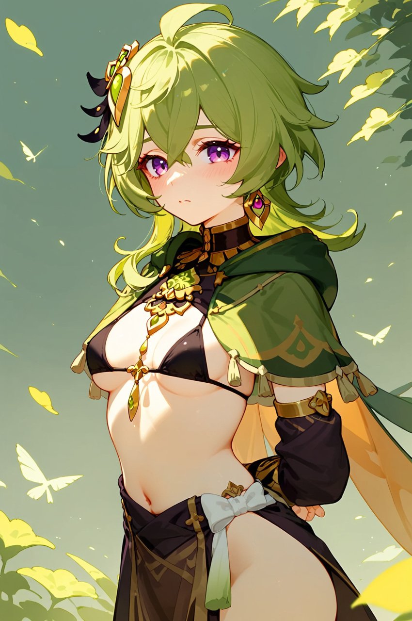 absurd_res ai_generated bridal_gauntlets collei_(genshin_impact) detached_sleeves female genshin_impact green_capelet hands_behind_back long_sleeves micro_bikini ministro sexy shy