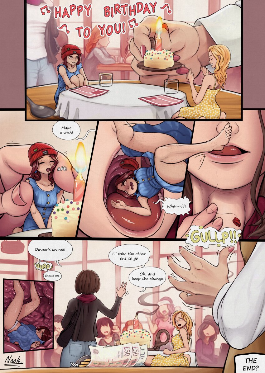 birthday brown_hair casual_vore color comic_page cruel_pred implied_digestion mawshot minigirl nachash9 neck_bulge oral_vore restaurant scared vore