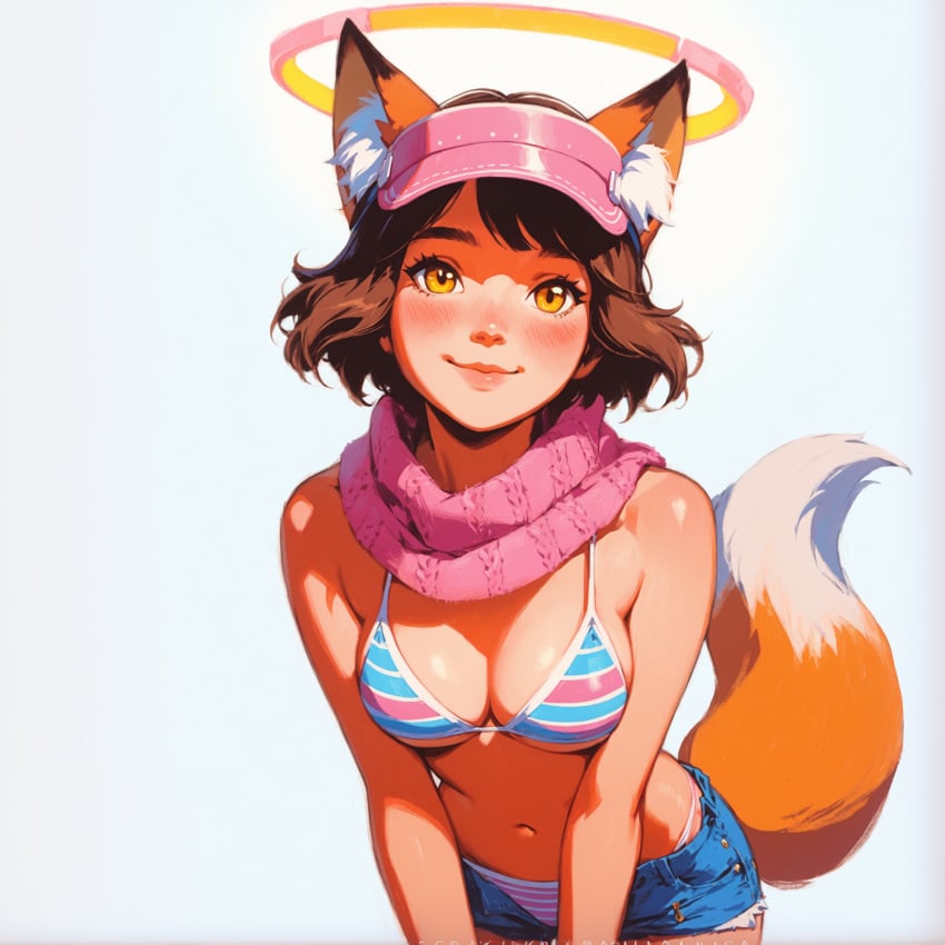 1girls ai_generated animal_ear_fluff animal_ears bikini blue_archive blush breasts brown_hair cleavage denim_shorts female fox_ears fox_girl fox_tail halo izuna_(blue_archive) leaning_forward looking_at_viewer medium_breasts navel pink_scarf self_upload short_hair shorts simple_background smile solo spare1632 striped_bikini striped_clothing swimsuit tail white_background yellow_eyes