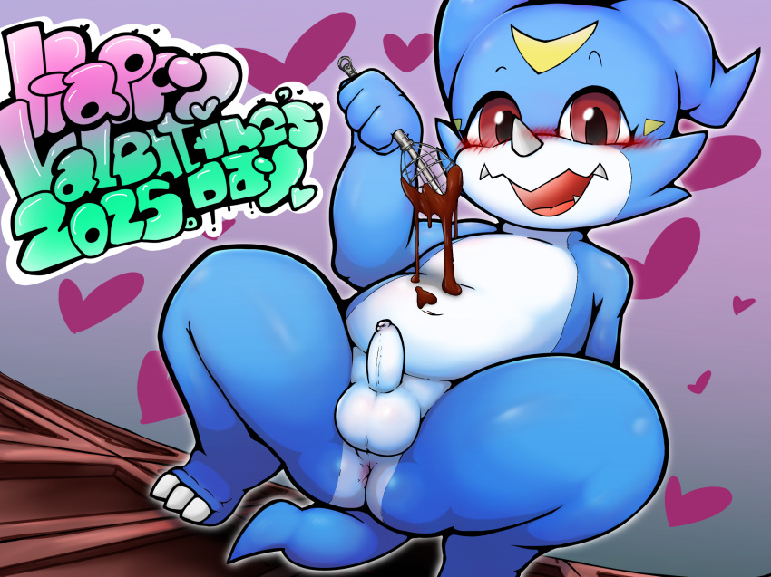 2025 4_fingers anthro ass balls bandai_namco blue_body blush candy censored chocolate dessert digimon digimon_(species) english_text erection fingers food foreskin genitals heart_symbol hi_res holidays horn kitchen_utensils looking_at_viewer male male_only navel nude penis pouring_onto_self red_eyes scalie sex_toy solo stylized_text text tools uncircumcised valentine's_day veemon whisk yamausagi0619
