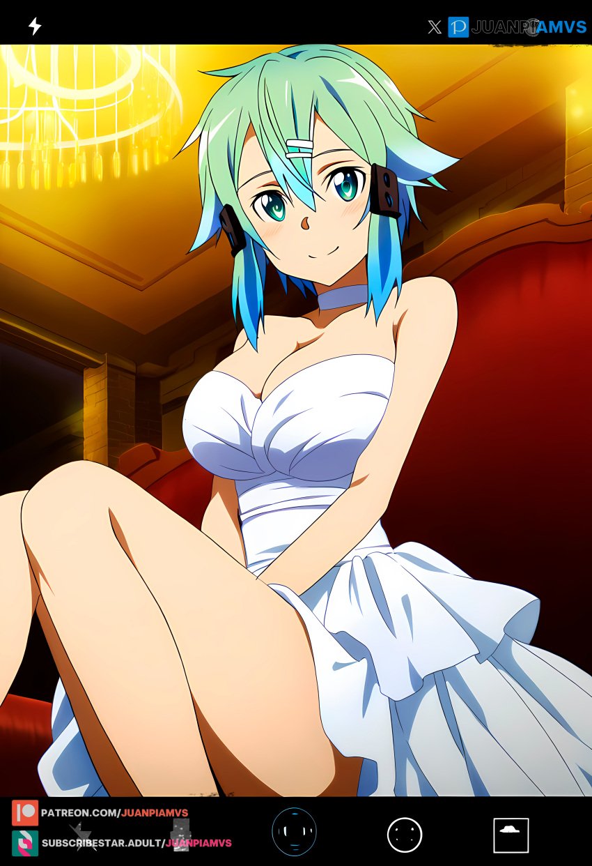 ai_generated asada_shino big_ass big_breasts blue_eyes blue_hair blush collar curvy curvy_figure dress elegant elegant_bedroom elegant_dress female female female_only hair_ornament juanpiamvs looking_at_viewer patreon patreon_username short_hair sinon smiling subscribestar subscribestar_username sword_art_online watermark white_dress