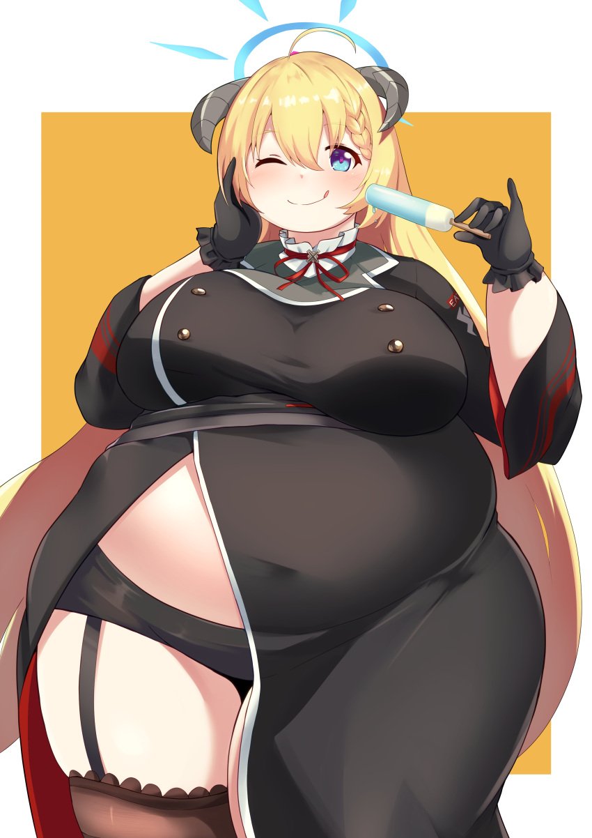 akari_(blue_archive) bbw blonde_hair blue_archive blue_eyes fat fat_ass fat_belly fat_butt fat_female fat_fetish fat_thighs fat_woman halo horns overweight overweight_female plump plump_ass plump_belly plump_breasts plump_butt plump_thighs popsicle