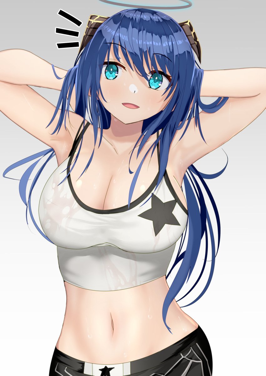 1girls arknights arms_behind_head arms_up big_breasts blue_eyes blue_hair breasts cleavage collarbone female female_focus female_only gradient_background grey_background halo hi_res horns large_breasts long_hair looking_at_viewer mostima_(arknights) navel open_mouth orste shorts simple_background smile solo solo_female solo_focus sports_bra sweat tongue wet wet_body wet_clothes wet_skin white_background