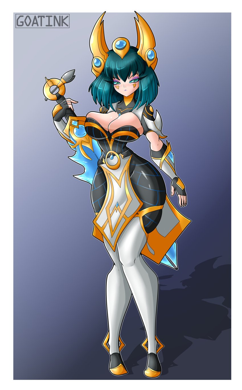 big_breasts blue_eyes blue_hair breasts cleavage crown eyelashes face_markings facial_markings fingerless_gloves gloves goatink hair headpiece hourglass_figure loincloth_dress long_eyelashes mei_(paladins) paladins shoulder_length_hair skirt sword thick_thighs thigh_boots thighs wide_hips zhin_(paladins)