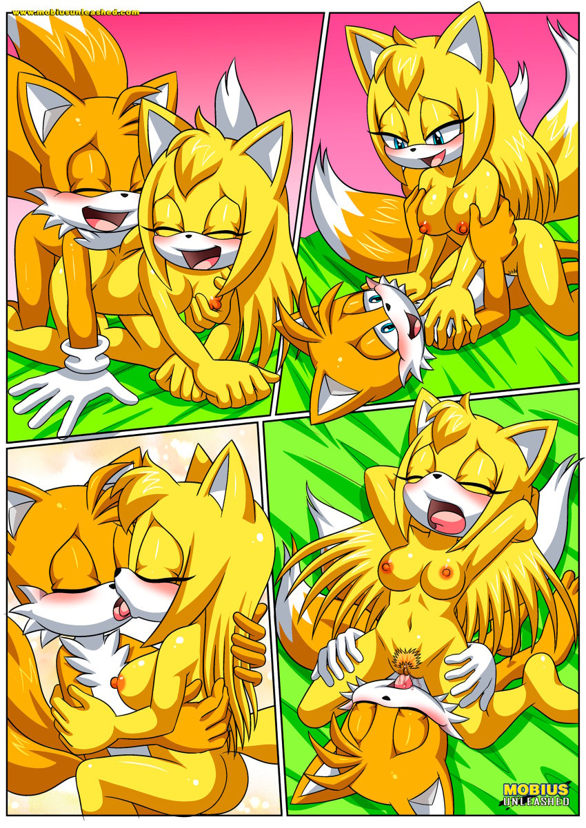 1boy 1girl anthro ass bbmbbf blush breast_grab breasts comic cunnilingus dialogue female french_kiss kissing let_me_love_you_(comic) male male/female miles_prower mobian_(species) mobius_unleashed navel nipples open_smile oral oral_sex palcomix penetration pussy sega sex sonic_(series) sonic_boom sonic_the_hedgehog_(series) speech_bubble tails tails_the_fox vaginal_penetration vaginal_sex zooey_the_fox