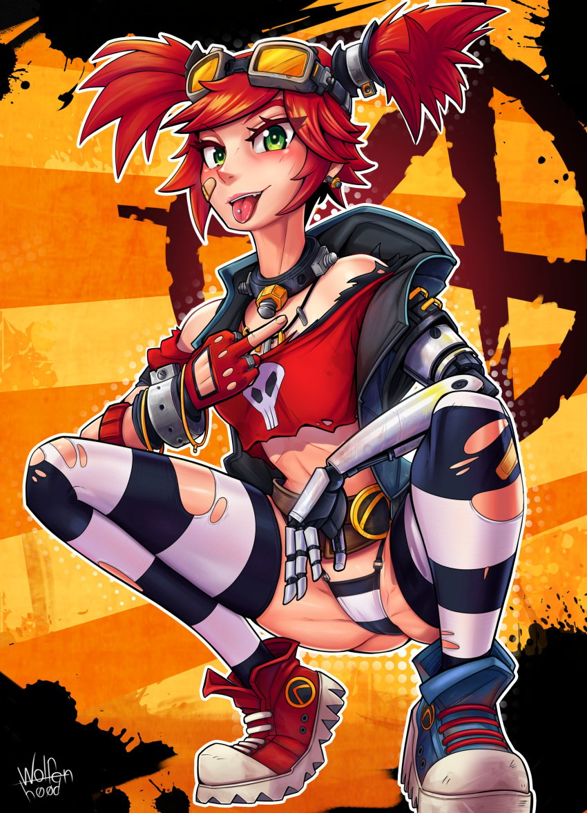 1girls 2024 absurd_res bandaid_on_cheek blep borderlands borderlands_2 female female_only gaige_(borderlands) goggles_on_head green_eyes looking_at_viewer middle_finger red_hair robotic_arm smiling smiling_at_viewer solo squatting striped_thighhighs thighhighs thong tongue_out tongue_piercing torn_thighhighs twintails wolfenhood