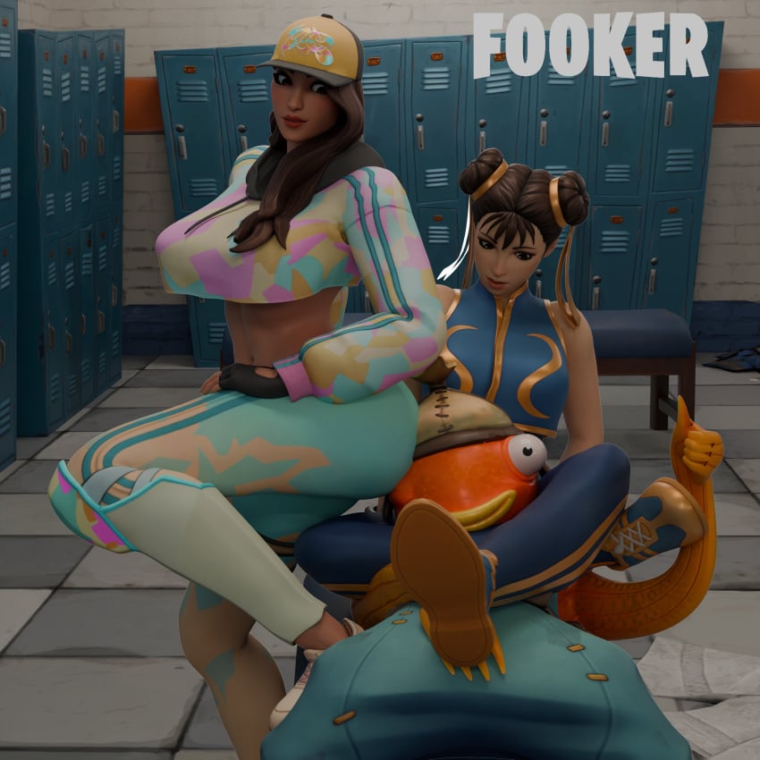 1:1 3d adapted_costume anthro capcom choking chun-li chun-li_(fortnite) contemporary covered_crotch facesitting fish fishstick_(fortnite) fooker fortnite fortnite:_battle_royale head_between_thighs human human_female interspecies laugh light-skinned_female light_skin locker locker_room ruby_(fortnite) scalie sitting_on_face smile street_fighter thighs thumbs_up track_jacket track_suit wink