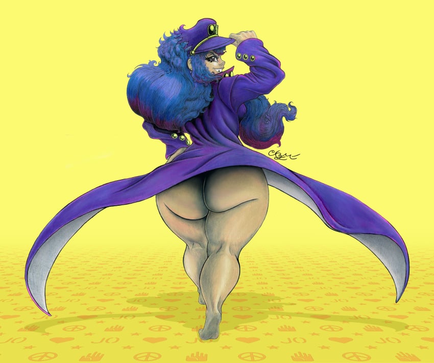 asian asian_female big_ass big_hips black_eyes cosplay female glitch_techs heavenly_ass imminent_fart jojo&#039;s_bizarre_adventure jotaro_kujo_(cosplay) miko_kubota naughty_face presenting_ass presenting_hindquarters purple_hair semi-naked semi-nudity showing_ass showing_off simple_background smiling smiling_at_viewer squatting strong_woman tezca_moran trenchcoat uniform wide_hips