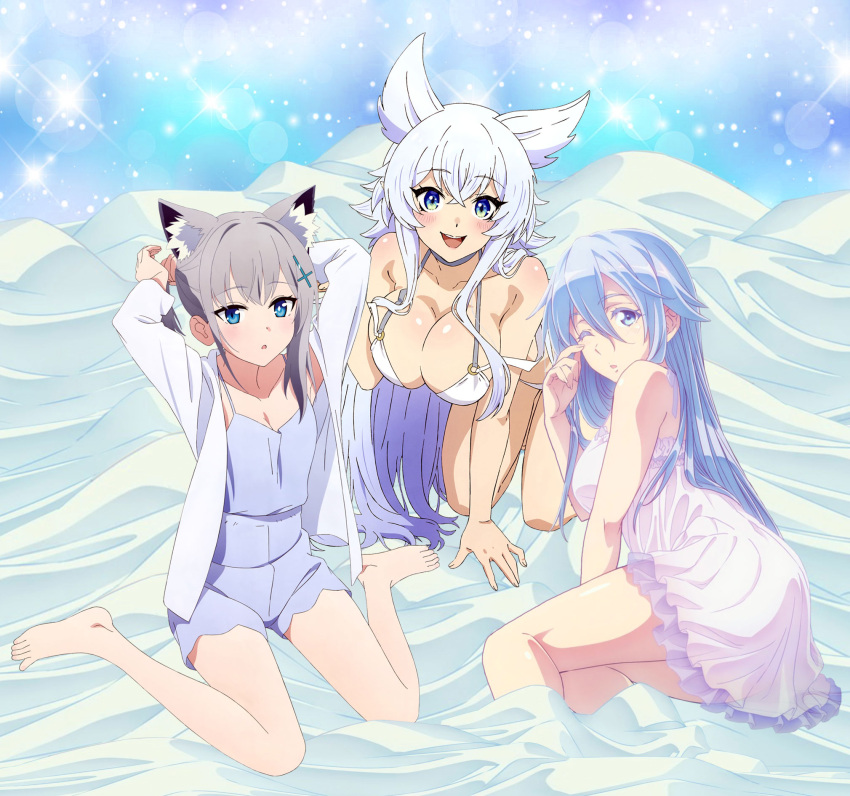 3girls large_breasts lingerie looking_at_viewer medium_breasts silver_hair sunaookami_shiroko white_hair