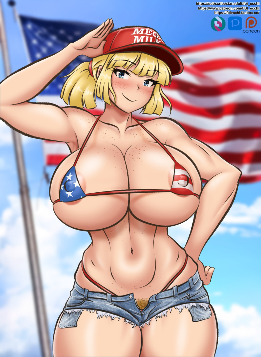 1girls american american_flag american_flag_bikini areola ass big_areola big_ass big_breasts big_nipples big_thighs bikini blonde_hair blue_eyes blush breasts fbi_ecchi female female_focus female_only gigantic_breasts huge_ass huge_breasts huge_thighs looking_at_viewer nipples original original_character pubes pubic_hair pubic_hair_peek shorts tagme thick_hips thick_thighs thighs