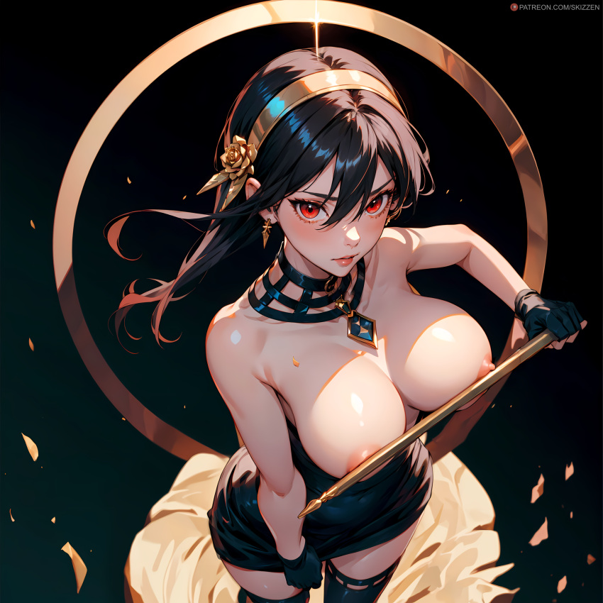 1girls ai_generated black_dress black_hair breasts breasts_out collar covered_nipples covering_nipples earrings female from_above hair_between_eyes hair_ribbon jewelry nipples red_eyes sidelocks simple_background skizzen spy_x_family thighhighs thorn_princess topless yor_briar