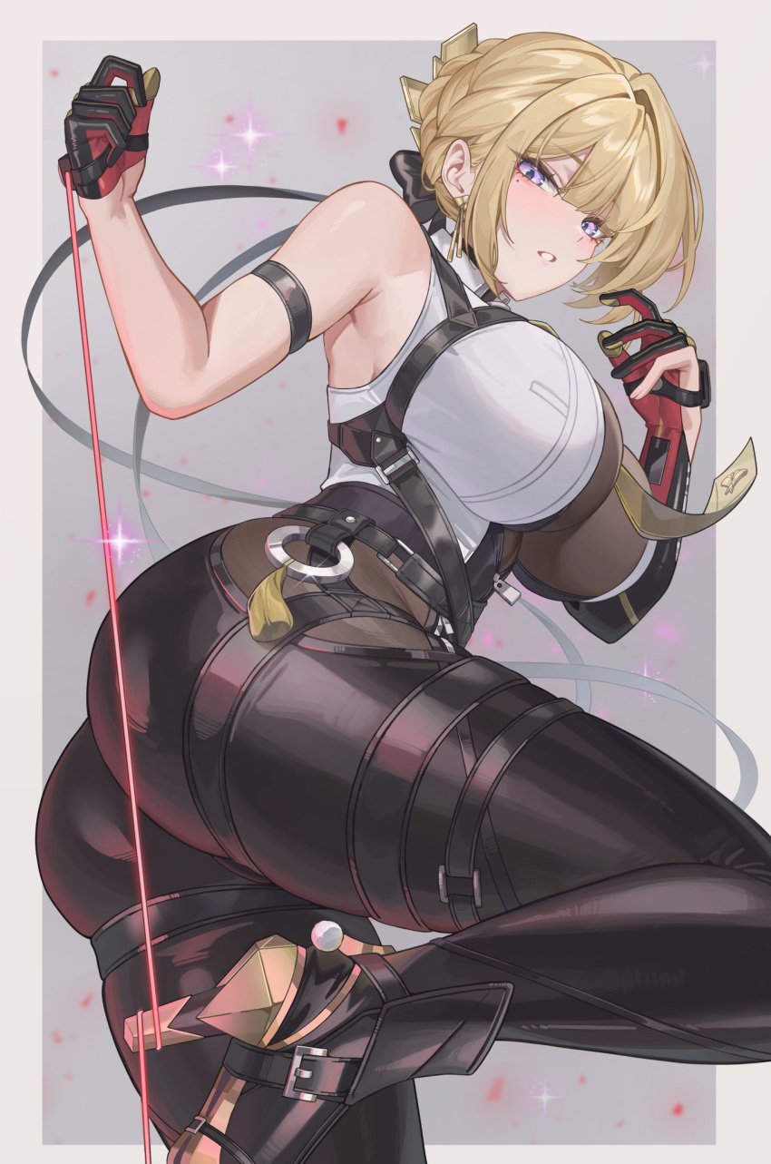 1girls 2d 2d_(artwork) absurd_res arm_strap ass ass_focus bannou_ippoutsukou bare_shoulders big_breasts black_gloves blonde_female blonde_hair blonde_hair_female breasts digital_drawing_(artwork) digital_media_(artwork) earrings evelyn_chevalier female female_focus female_only from_behind from_below gloves high_heels highres large_breasts latex latex_panties light-skinned_female looking_at_viewer looking_down mature mature_female mature_woman milf milfs mole mole_under_eye necktie slim_waist solo solo_female solo_focus stars_of_lyra thick thick_ass thick_thighs thighs video_game_character video_games yarn zenless_zone_zero