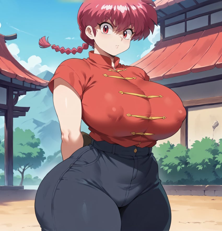 ai_generated braid chinese_clothes dat_ass huge_nipples ranma-chan ranma_1/2 ranma_saotome red_hair smogai thick_thighs voluptuous_female