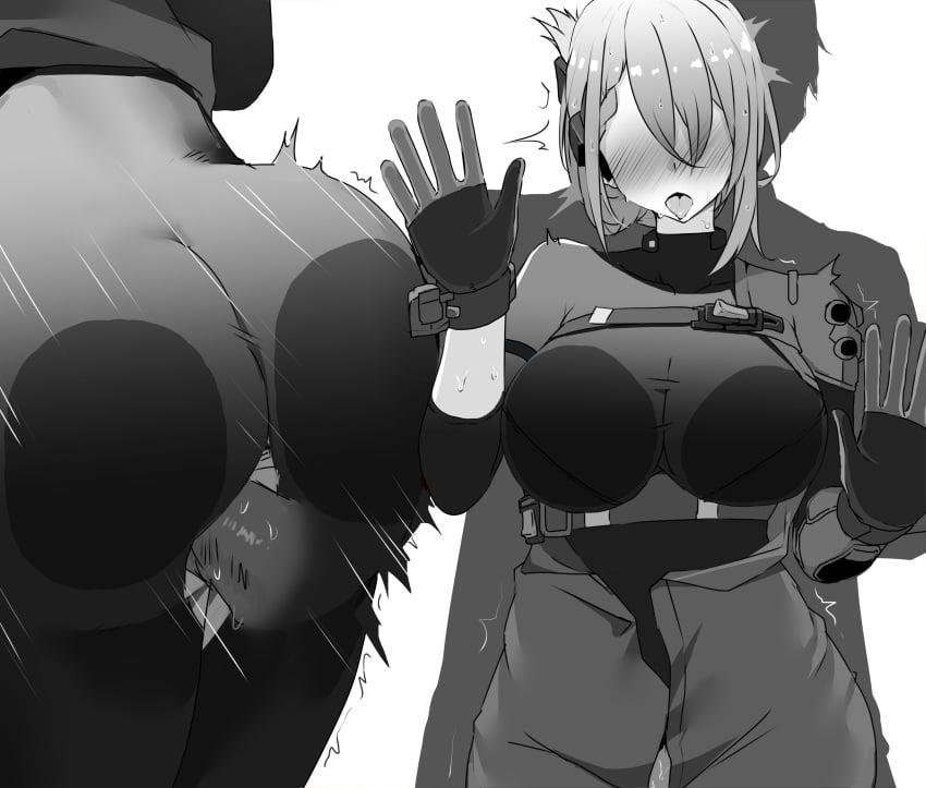 1boy absurdres ass_press breast_press breasts cleavage de_lacey_(neural_cloud) earpiece female folded_ponytail fucked_silly girls'_frontline_neural_cloud gloves greyscale hair_between_eyes highres large_breasts long_hair long_sleeves monochrome no_eyes open_fly open_mouth pants pantyhose penis professor_(neural_cloud) see-through_clothes see-through_shirt sex shirt shoulders sidelocks simple_background taut_clothes taut_shirt tongue tongue_out torn_clothes torn_pantyhose trembling white_background yanagui_yugi