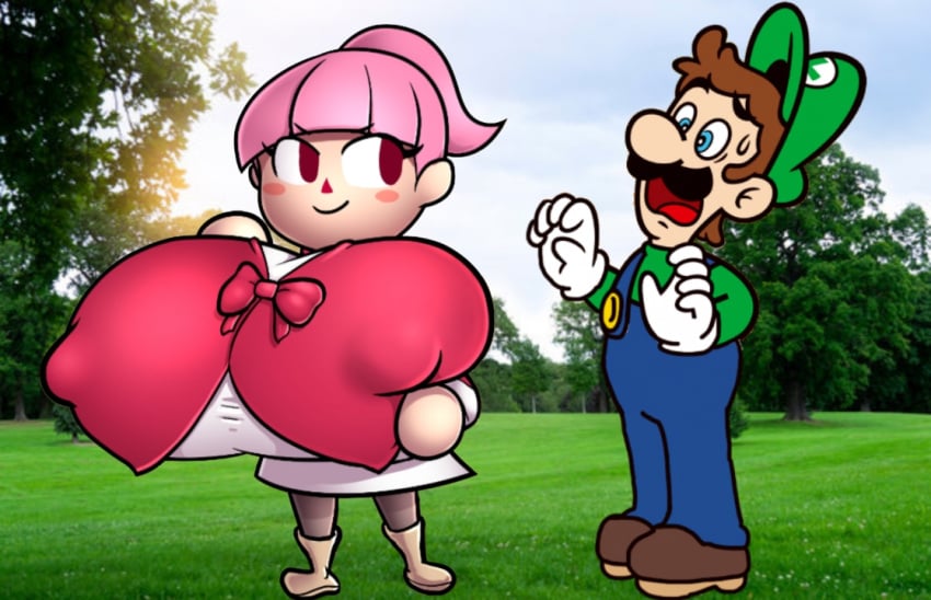 1boy 1girls animal_crossing animal_crossing_girl big_breasts brother_and_sister brown_hair clothed clothing edit edited ferocious_twins fully_clothed green_hat hyper_breasts looking_at_another looking_back lordz's_universe luigi male/female mario_(series) meme nintendo nipple_bulge oh_no outside picsart pink_hair scared scared_expression scared_face super_mario_bros. sweat terrified terrified_expression uhoh villager_(animal_crossing)