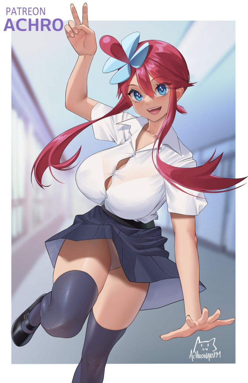 1girls 2024_pokemon_teraleak achromaru alternate_costume blue_eyes breasts creatures_(company) game_freak gym_leader highres large_breasts miniskirt nintendo panties pantyshot pokemon pokemon_(creature) pokemon_bw red_hair school_uniform skirt skyla_(pokemon) underwear white_panties